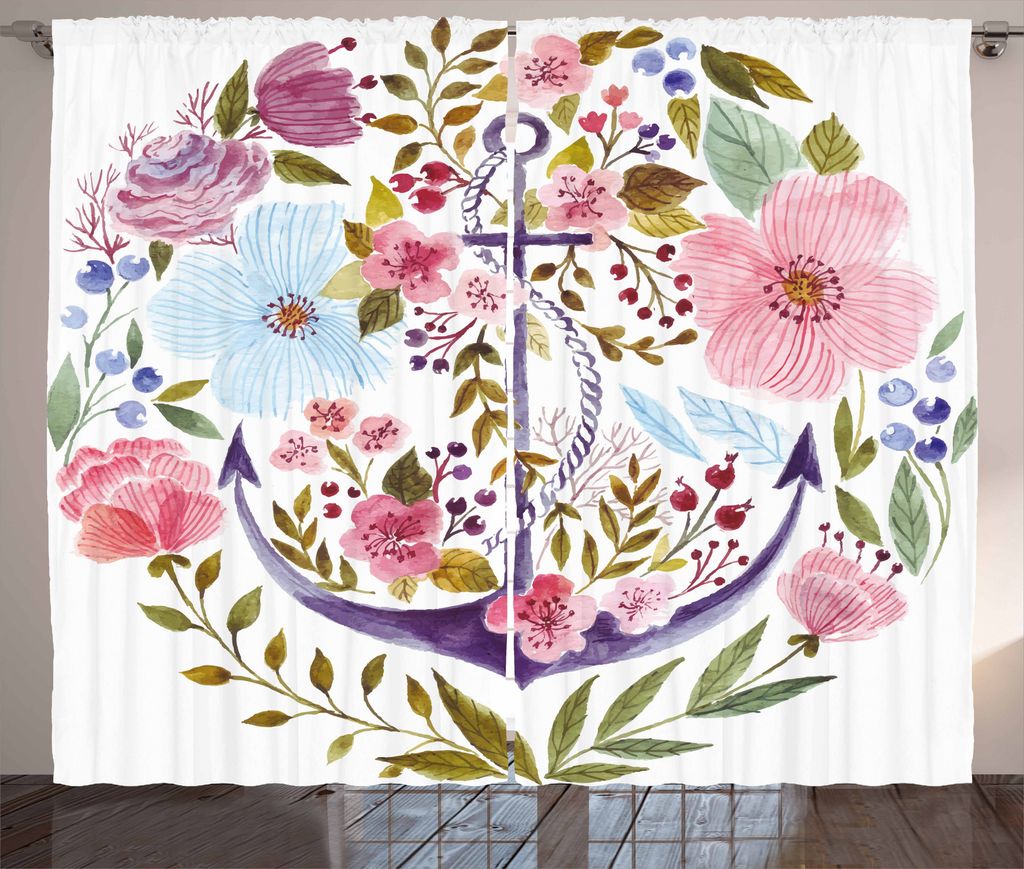 ABAKUHAUS Aquarell Rustikaler Gardine, Marineanker Ivy, Schlafzimmer Kräuselband Vorhang mit Schlaufen und Haken, 280 x 175 cm, Mehrfarbig