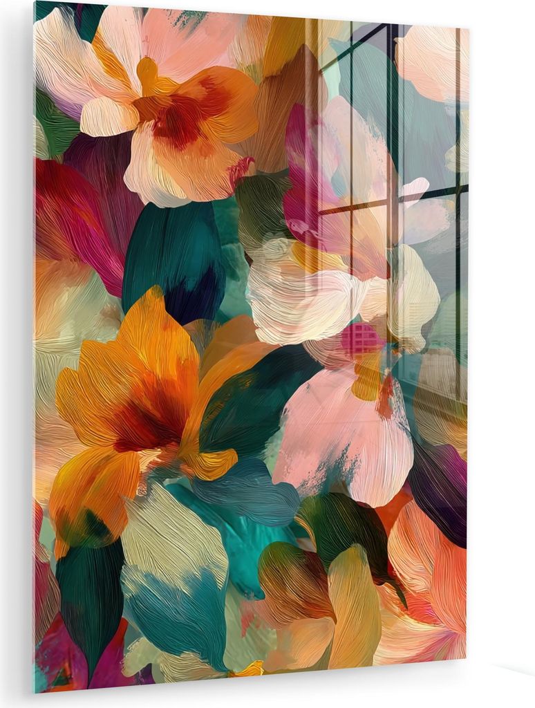 MuchoWow Glasbilder - Bilder auf Wandbild - Foto auf Glas Harmonisch - Abstrakte Blumen - Warme Töne 30x40 cm Wanddekoration aus Glas - Acrylglasb...