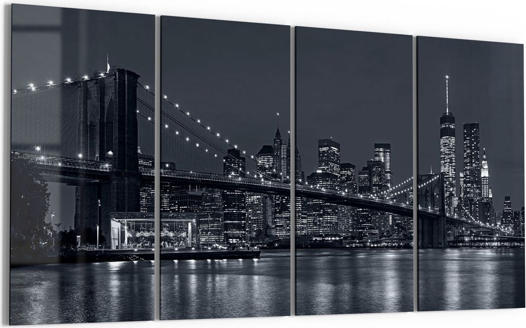 DEQORI Glasbild Echtglas 4x30x60 cm 'Manhattan Bridge nachts' Wandbilder XXL groß