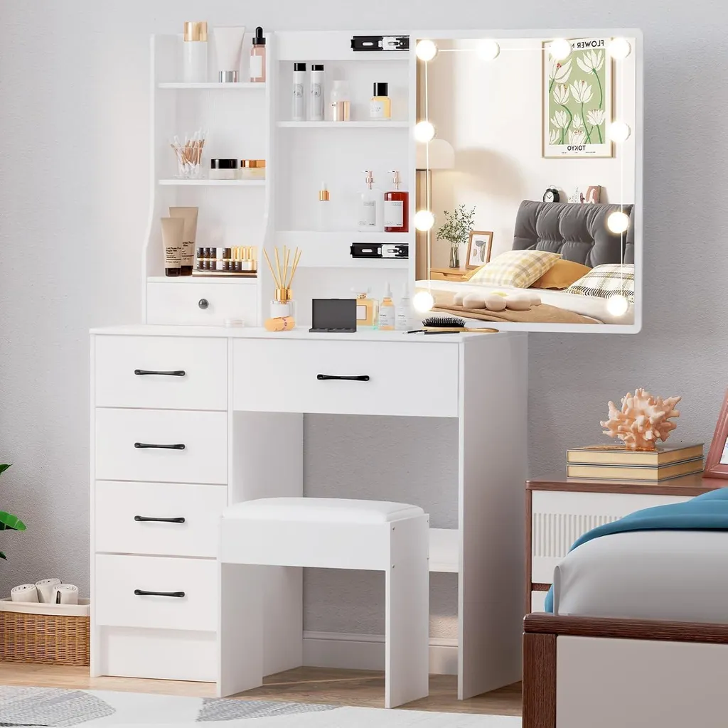 Table de maquillage blanche avec miroir coulissant et lampes LED
