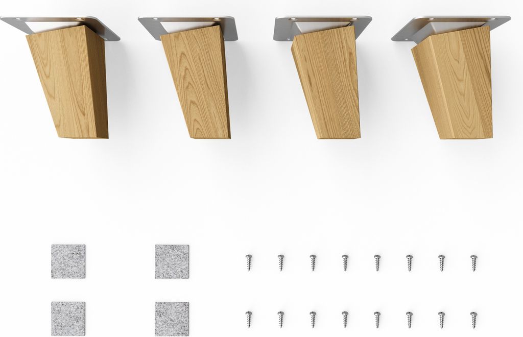 Four wooden furniture legs with metal mounting plates, and four square pads and screws.