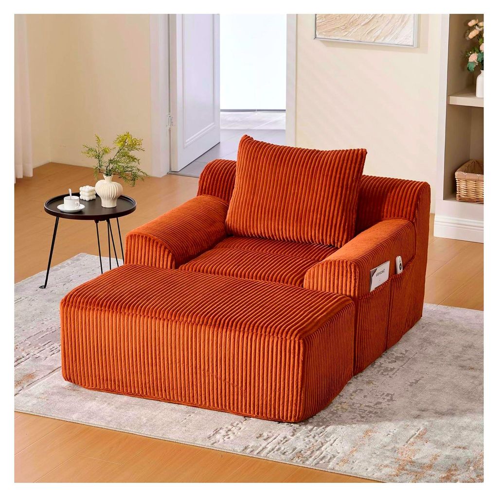 Sofasessel Loungesofa mit Steigbügeln, Gepolsterter Sessel ohne Montage, Relaxsofa mit Seitentaschen und Kissen, Gestreifter Stoff, Hochdichte Sch...