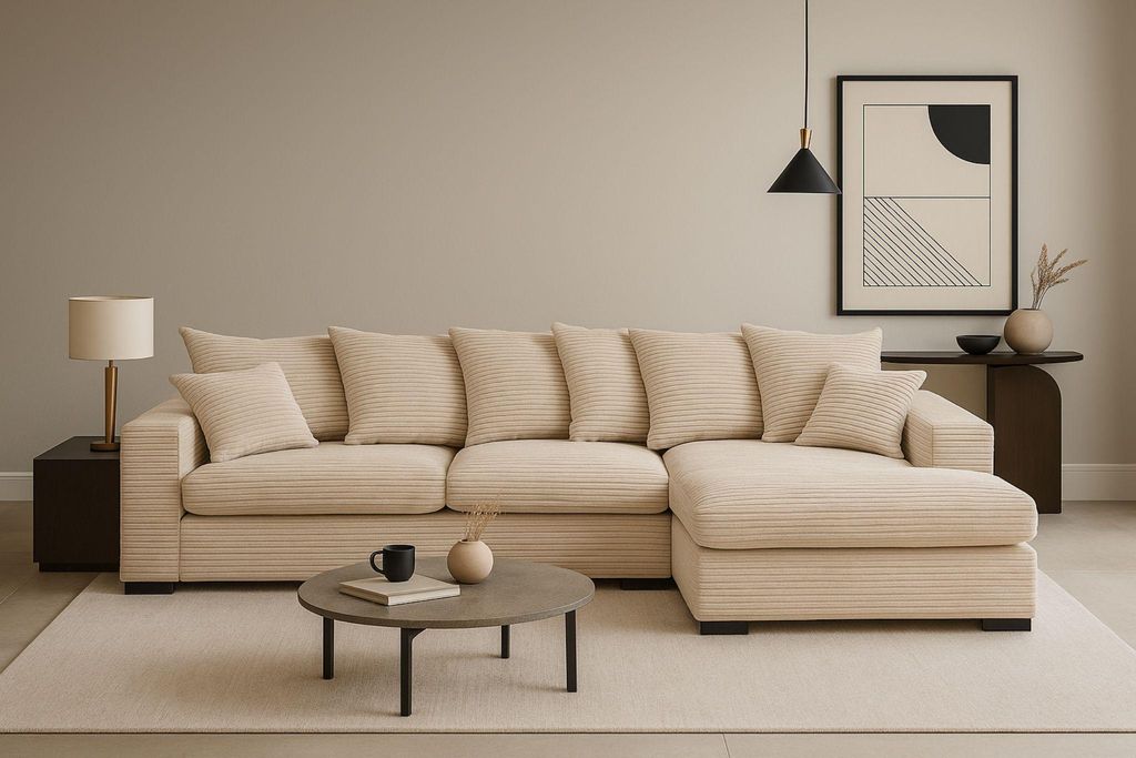 Kaiser Möbel Ecksofa mit schlaffunktion und bettkasten, Sofa L-form, Couch L-form Gabon stoff Zoom Creme Ottomane Rechts
