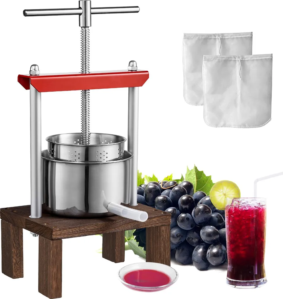 VEVOR 1,56 L Pressa per frutta Pressa per frutta con supporto, pressa per bacche 17 x 10,3 cm Pressa per mele Spremiagrumi manuale Pressa per frutta Pressa meccanica in legno di zelkova Adatta per succo di frutta Purea ecc.