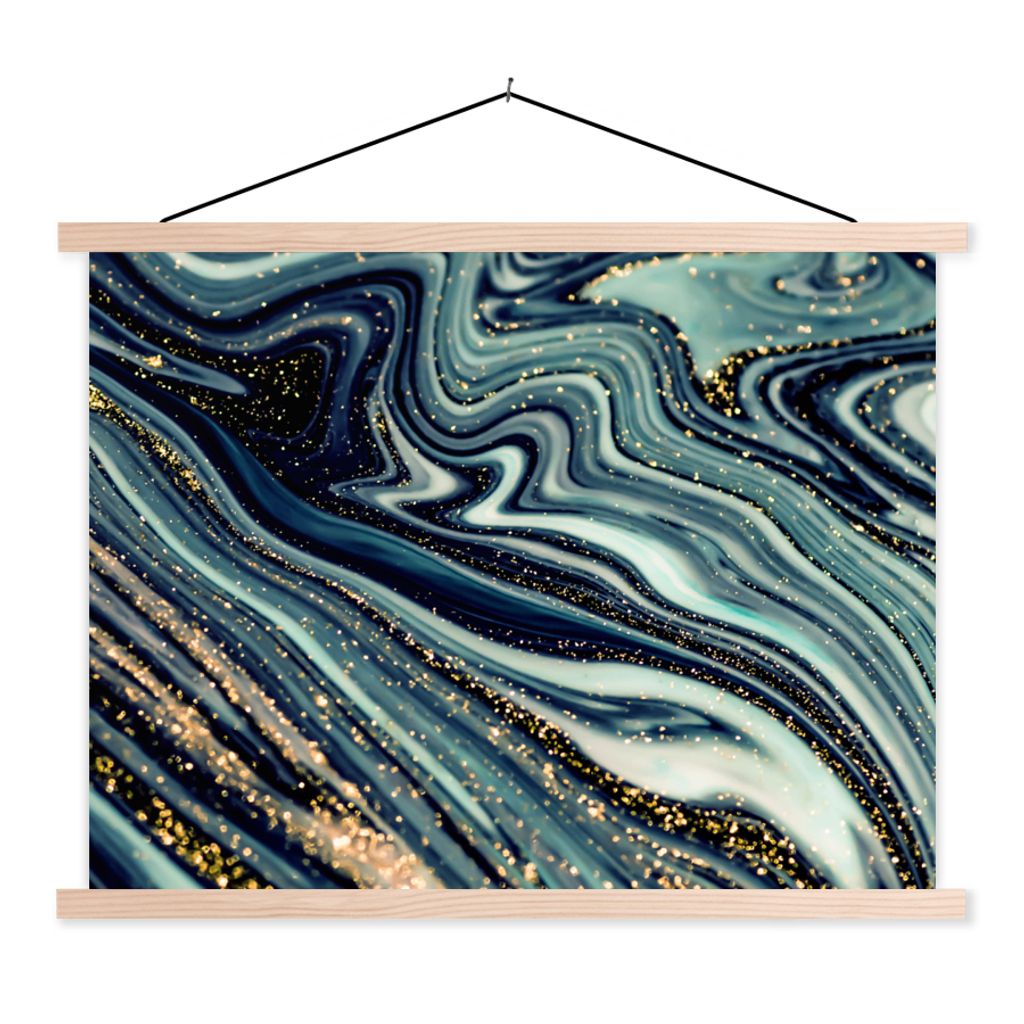 MuchoWow Textilposter Marmor - Gold - Blau - Glitter - Marmoroptik - Abstrakt 60x45 cm mit holzfarbenen Rahmen - Bild