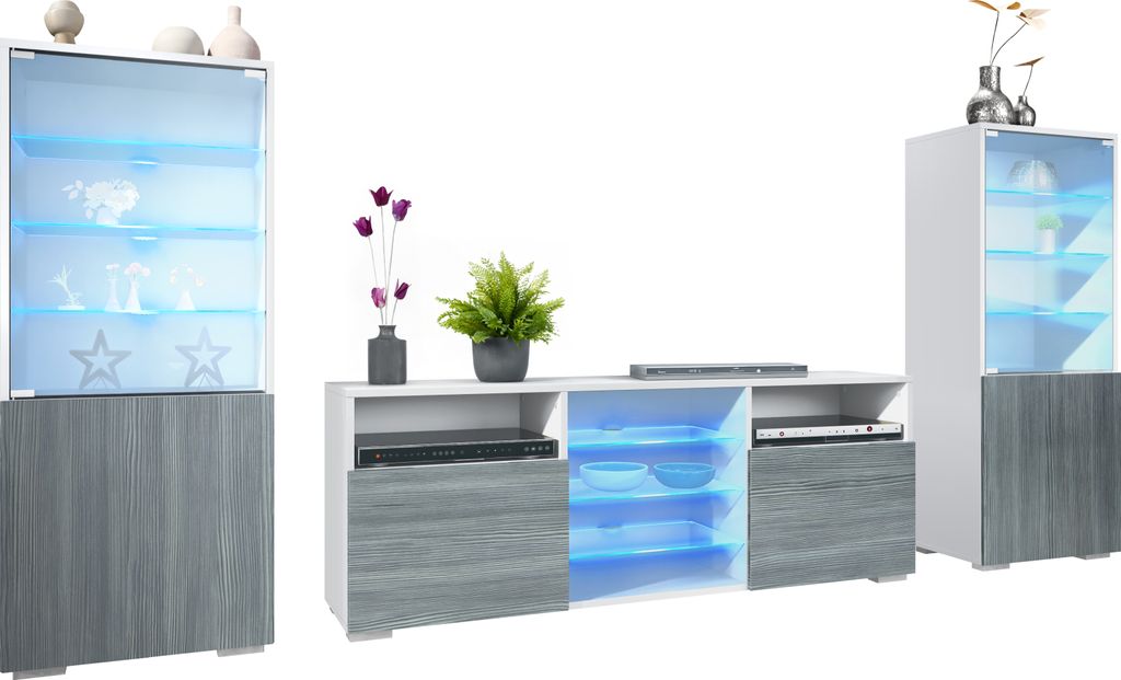 Vladon Wohnwand Granada, Anbauwand bestehend aus 2 Vitrinen und 1 TV-Board, Weiß matt/Avola-Anthrazit inkl. LED-Beleuchtung (286 x 122,5 x 35 cm)
