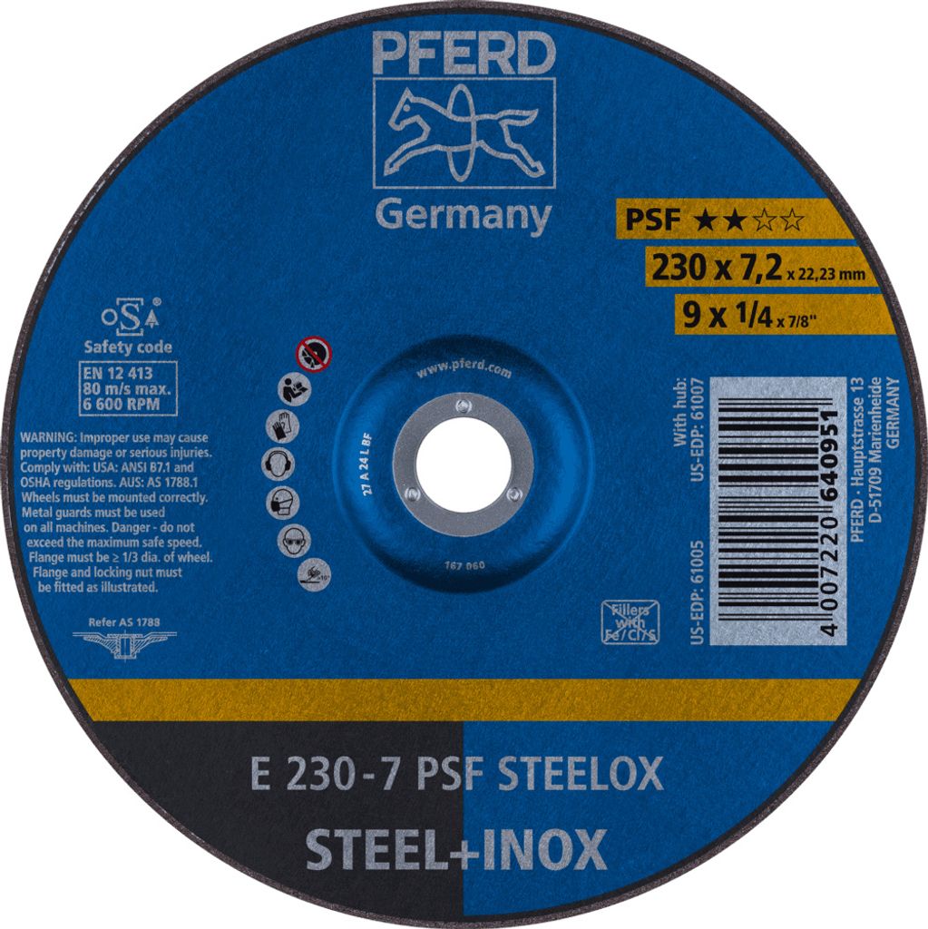 PFERD TOOLS Schruppscheibe E 230x7,2x22,23 mm Universallinie PSF STEELOX für Stahl/Edelstahl