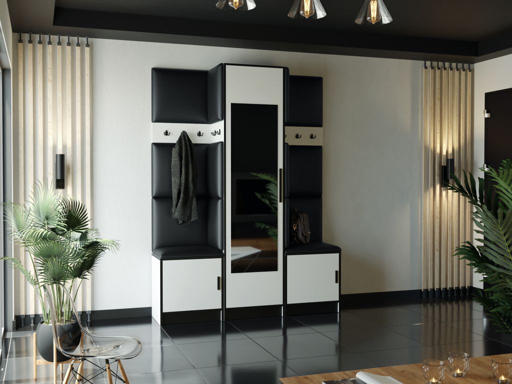 KIER FURNITURE Kleiderschrank, Weiß + Ökoleder Schwarz - 159,6x205x39cm
