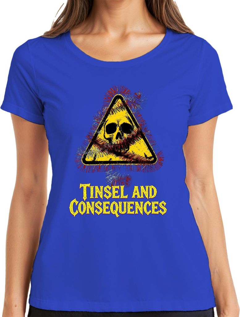 Tinsel and Consequences Totenkopf Lametta Warnschild Weihnachten Damen T-Shirt, Blau, L