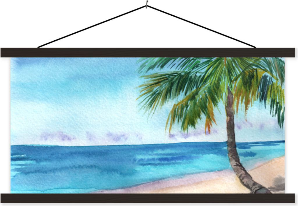 MuchoWow Textilposter Palme - Meer - Strand 150x75 cm mit schwarzem Rahmen - Posterleiste