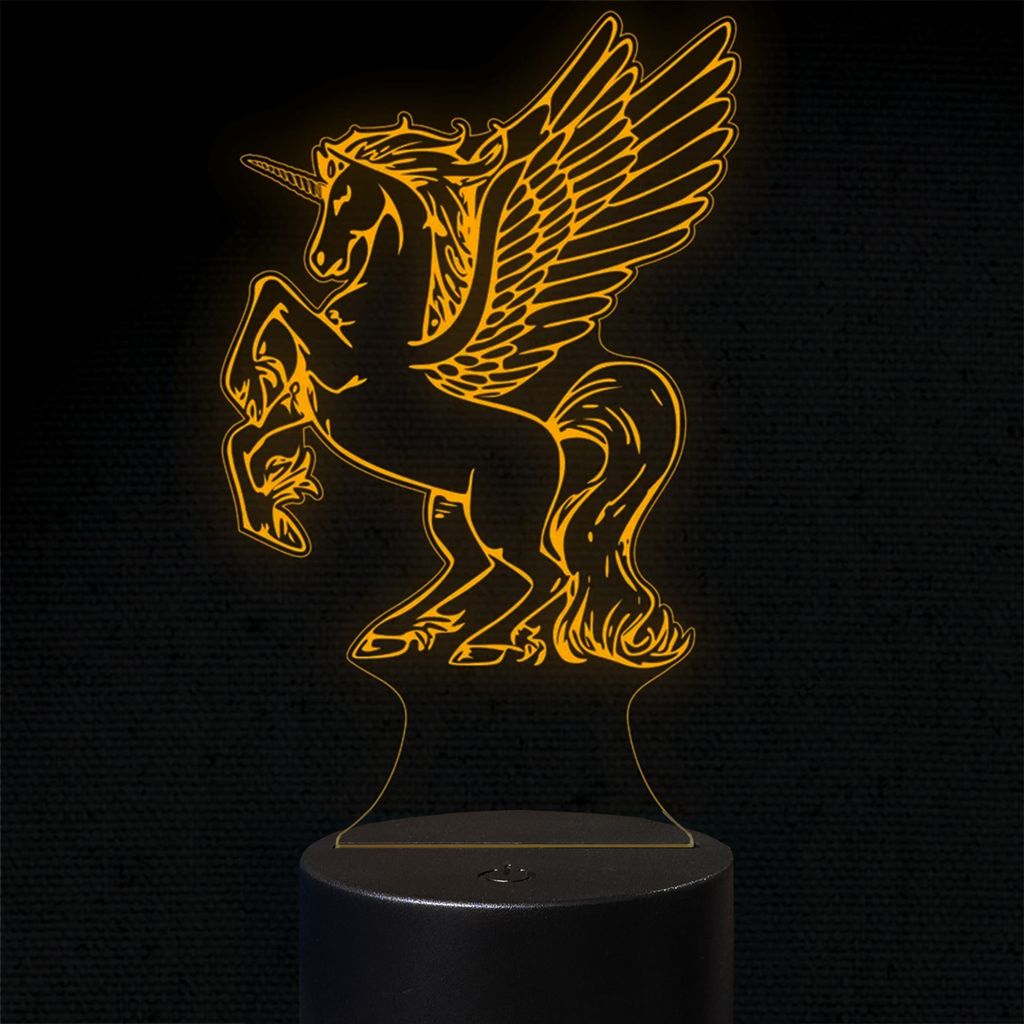 A 3D LED lamp shaped like a winged unicorn, illuminated with an orange glow, set against a black background.