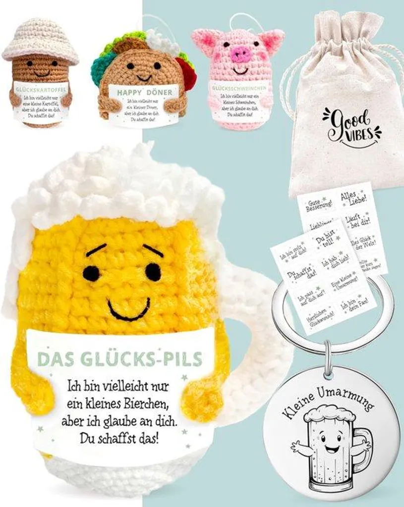 Coffret cadeau Glücks Pils avec sac et porte-bonheur Pocket Hug inclus