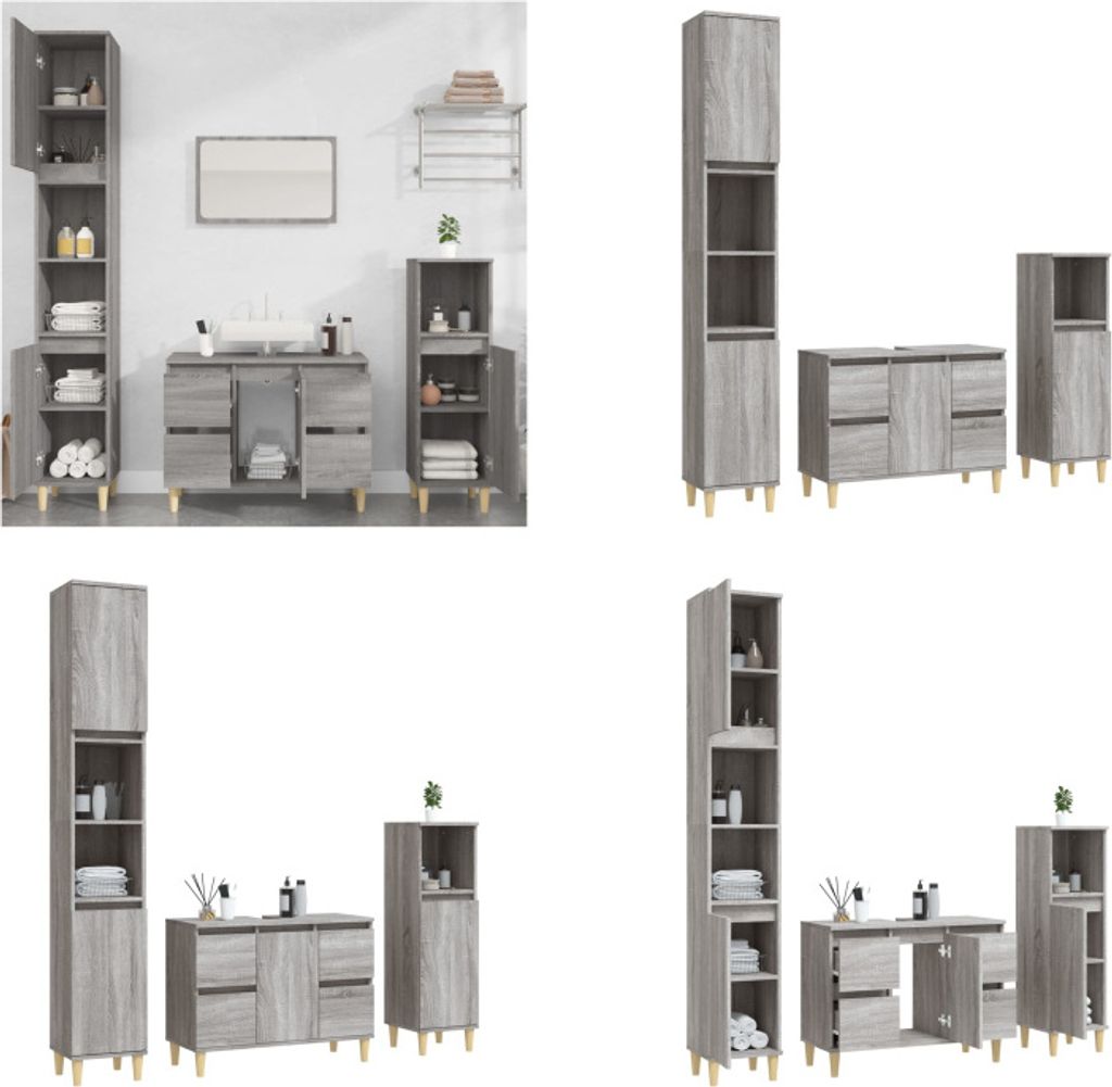 vidaXL 3 tlg. Badmöbel Set Grau Sonoma Holzwerkstoff - Badmöbel Set - Badmöbel Sets - Badezimmerschrank - Badezimmermöbel