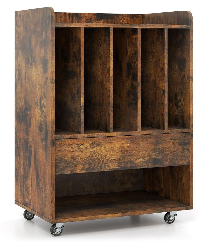 Schallplattenständer, Plattenständer mit 5 Fächern, Schublade & offener Ablage, mobiler Plattenspieler Tisch mit Rollen, Schallplattenschrank f...