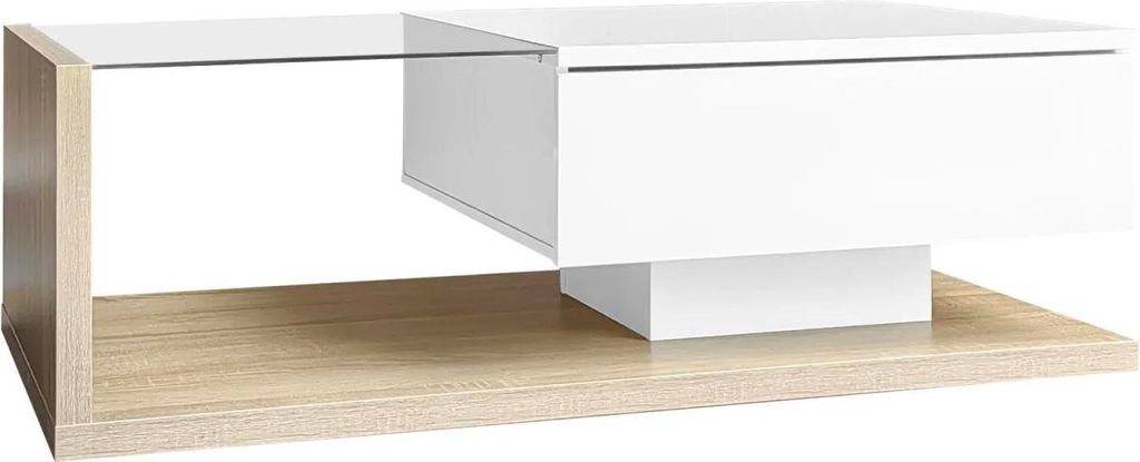 Couchtisch - Rechteckiger Wohnzimmertisch - Mit Stauraum - LED-Effekt - Glasdetails - Hochglanz-Oberfläche - Weiß