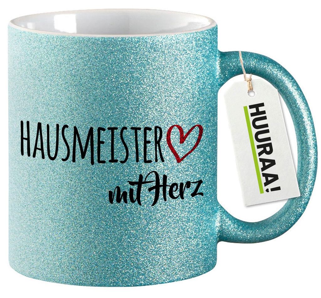 Huuraa Glitzertasse Hausmeister mit Herz 330ml Blau Keramik Kaffeebecher Geschenkidee