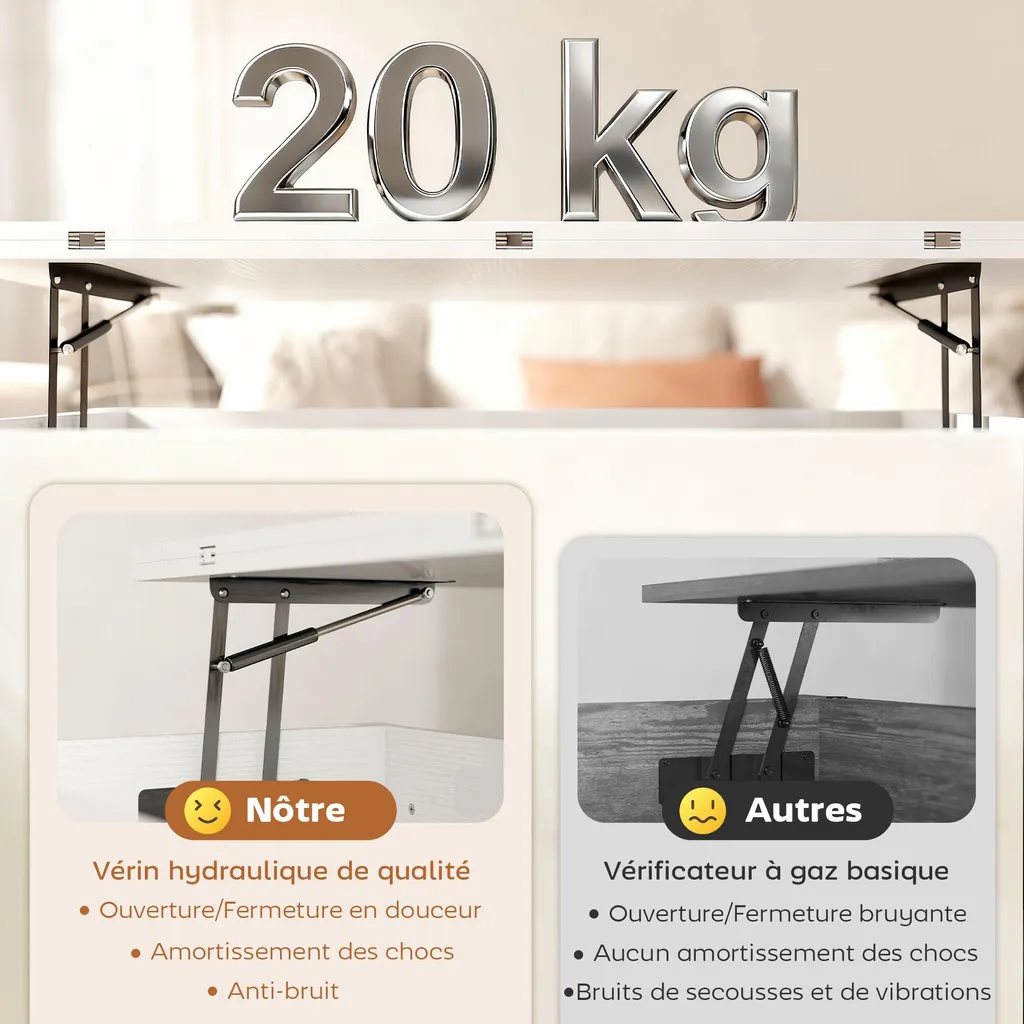 HOMCOM Table basse relevable et extensible en blanc, 100x45x50,5 cm - 8