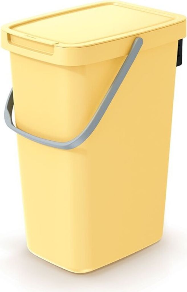 A light yellow trash can with a gray handle and lid, shown against a white background.