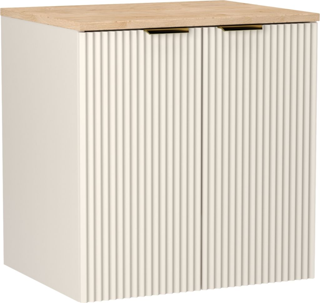 WENA Waschtischunterschrank mit Türen 60 cm, geriffelte Fronten, Griffe aus Metall in der Farbe Gold mit Holzplatte (Farbe: Kaschmir)