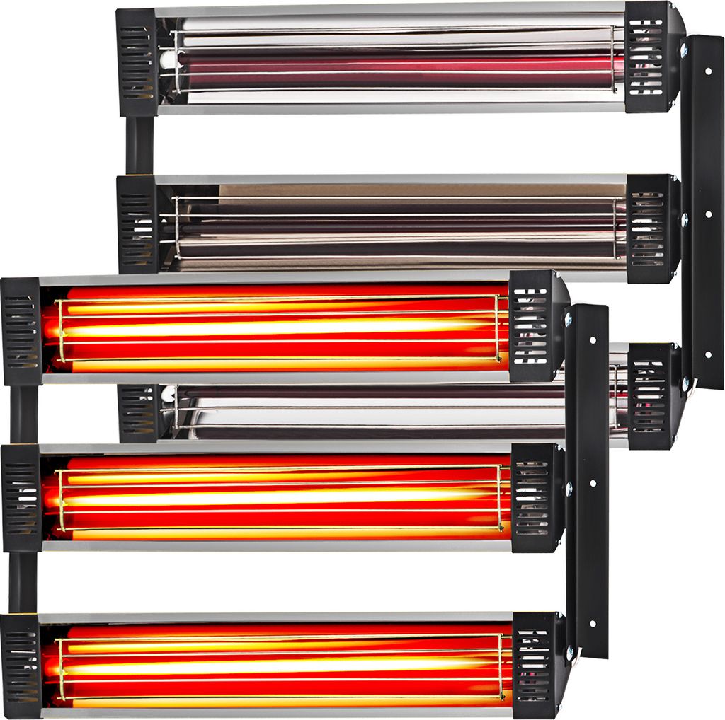Four infrared heaters are mounted on black brackets against a white background.