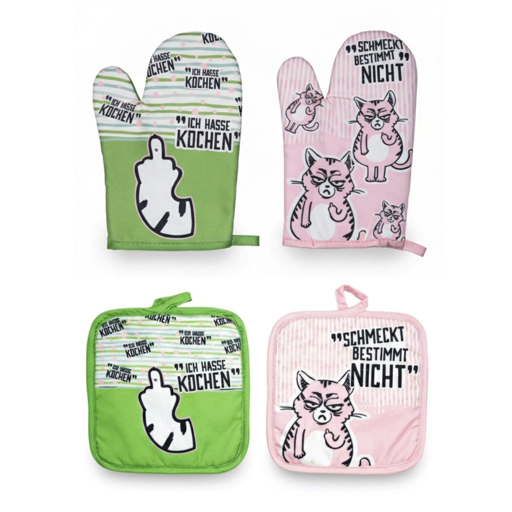 4tlg. Set Ofenhandschuhe Topflappen Miesekatze Topfhandschuhe Schutzlappen Kochhandschuhe Topflappenset Backhandschuhe