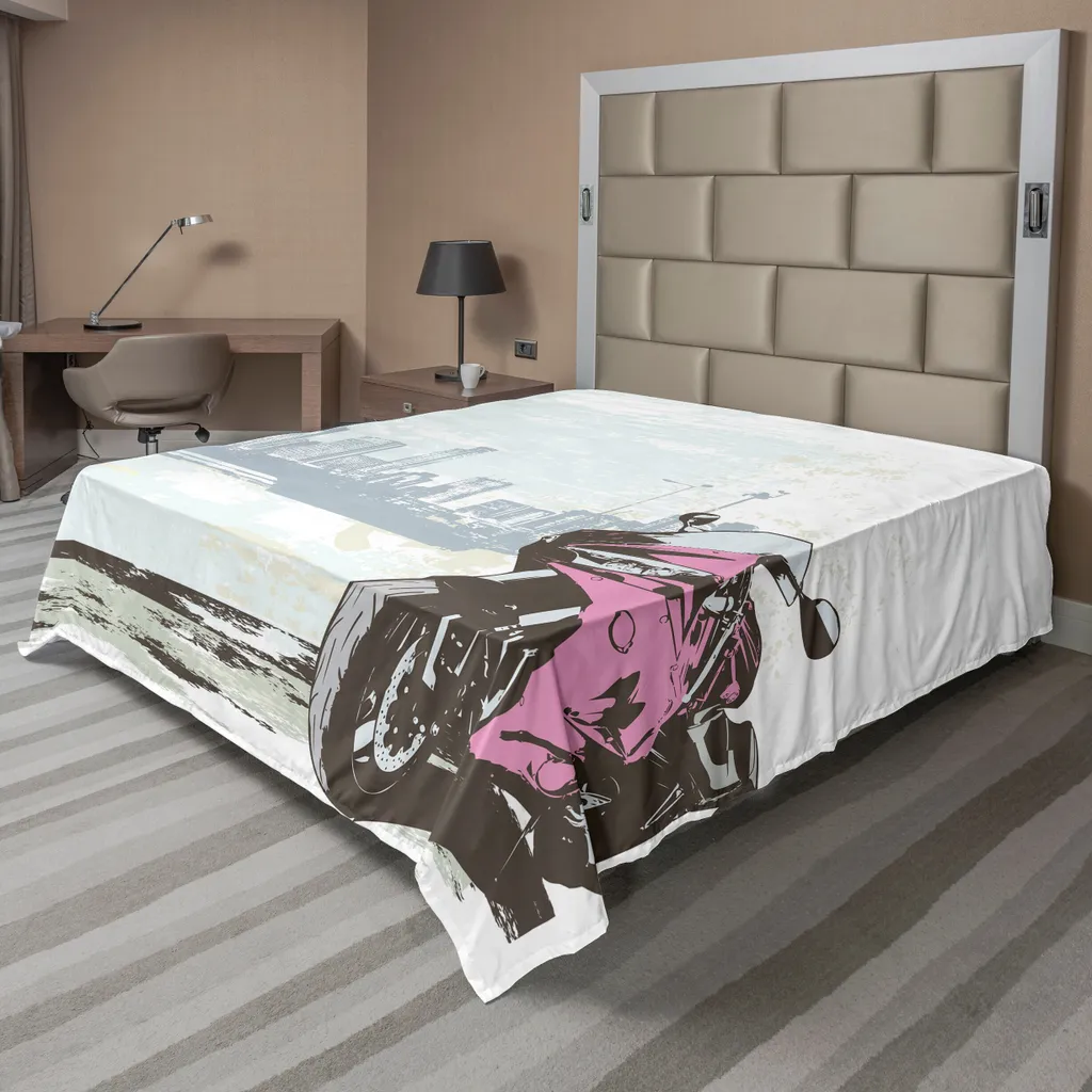 Drap de lit pour chambre d'ado motif moto et ville 244x205 cm rose