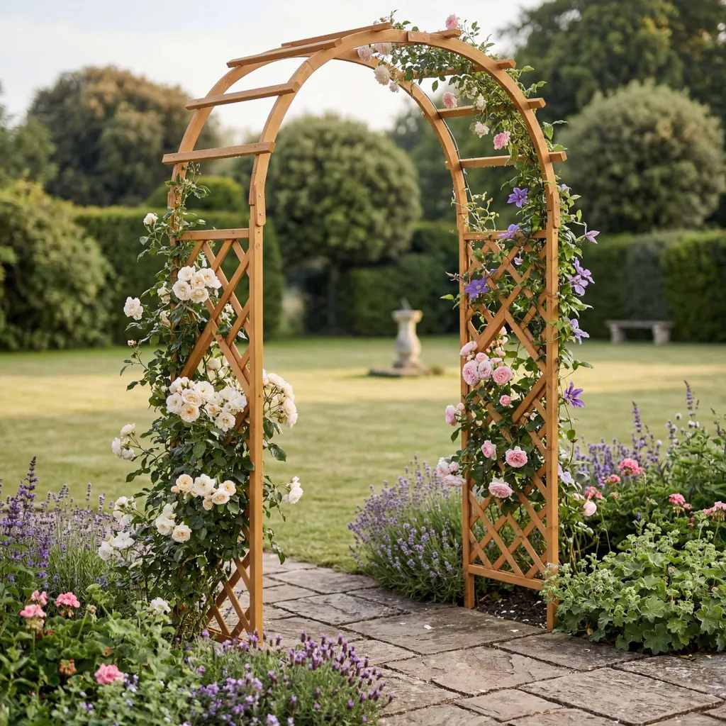 Arche de jardin en bois naturel robuste 210 cm espalier autoportant HWC