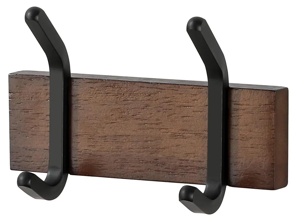 Porte-serviette mural en bois et métal noir, patère adhésive de salle bain