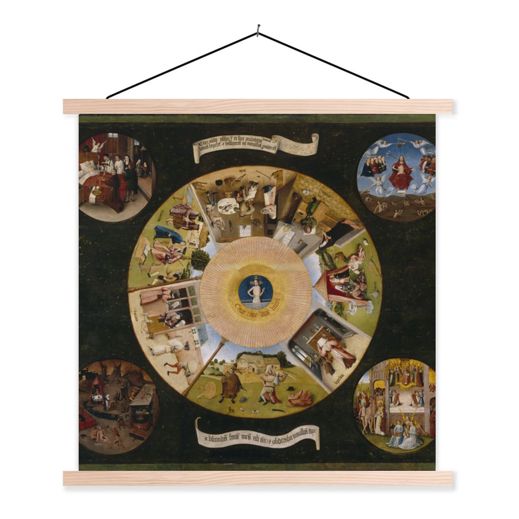 MuchoWow Textilposter Die sieben Todsünden und die vier letzten Dinge - Gemälde von Hieronymus Bosch 120x120 cm mit holzfarbenen Rahmen - Texti...