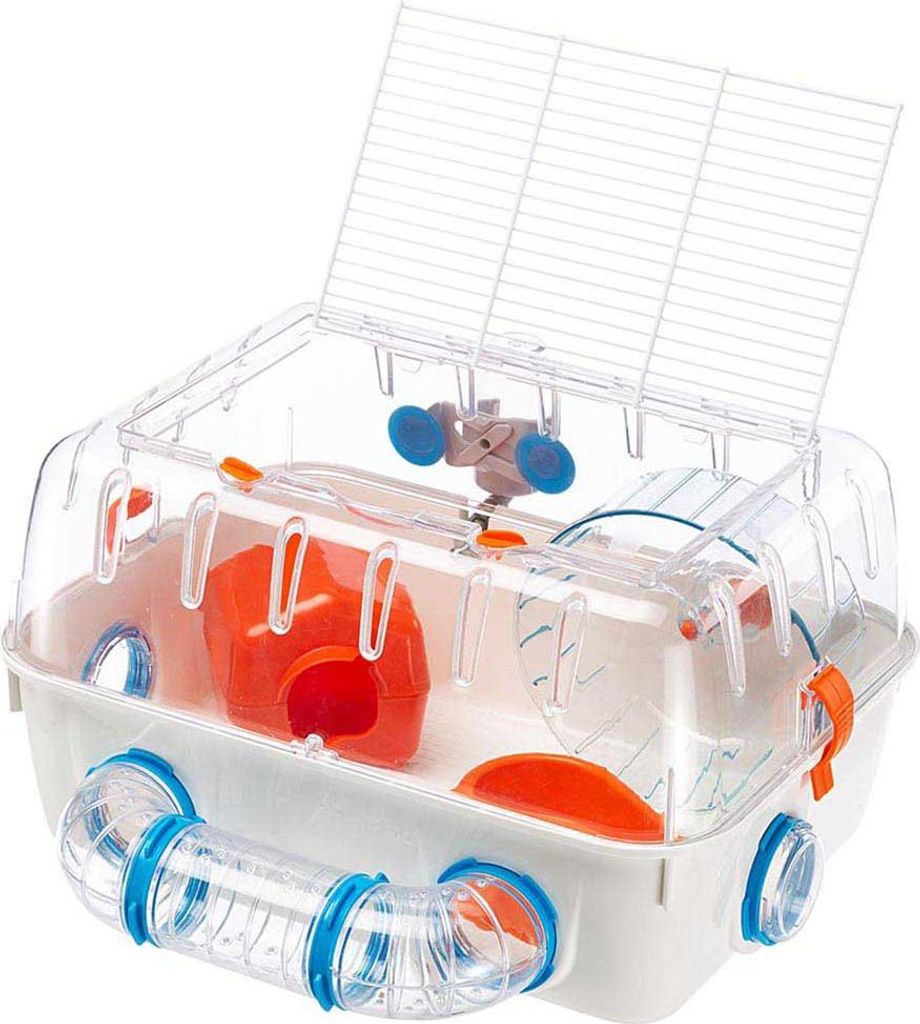 A hamster cage with accessories.