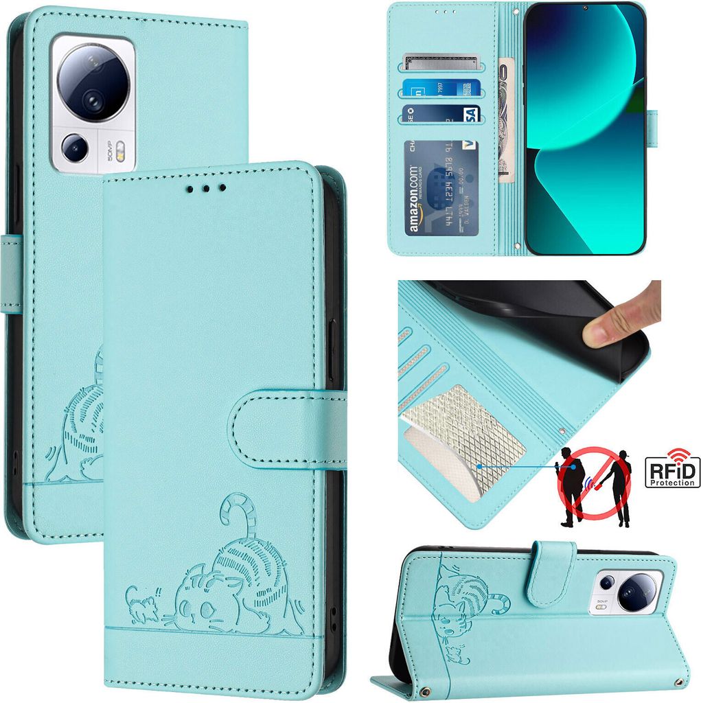 Leder Hülle für Xiaomi 13 Lite /Xiaomi Civi 2 Süße Katze Flip Case Brieftasche Schutzhülle mit Standfunktion hellgrün