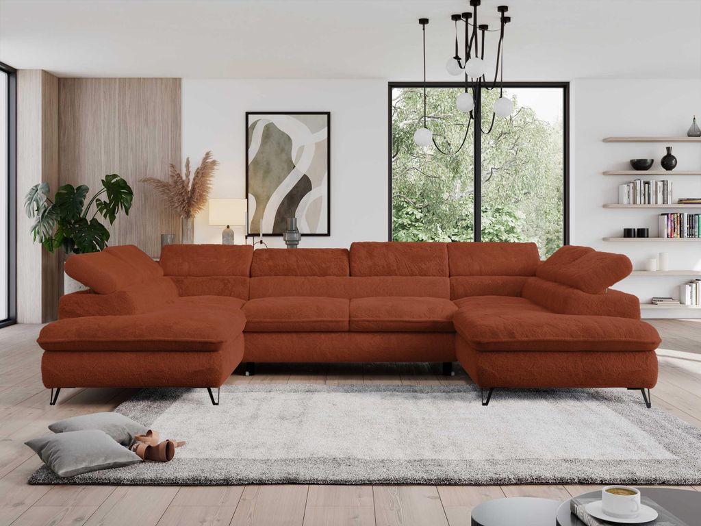 Wohnzimmersofa mit Schlaffunktion, U-form, verstellbare Kopfstützen, Bettkasten - PEDRO U - Plüsch - Orange