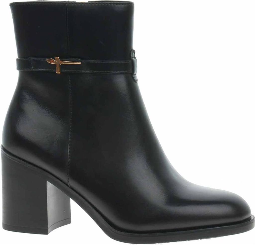 A single black leather boot with a block heel and a decorative strap with a gold buckle.