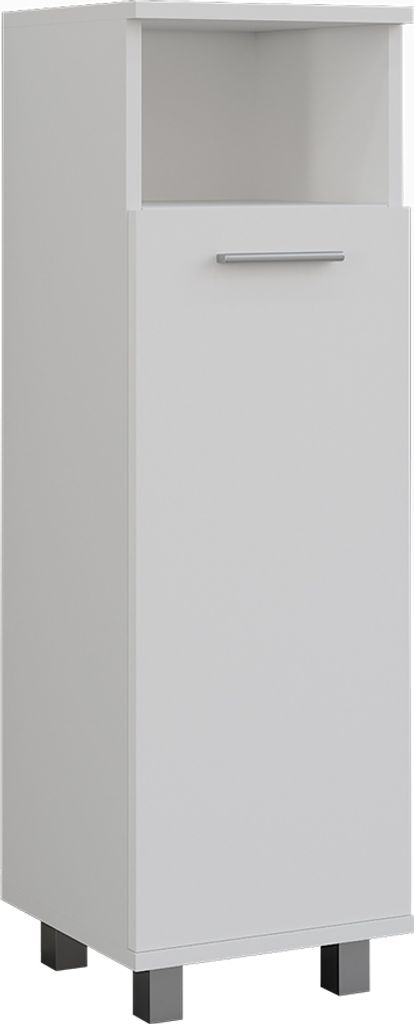 A white cabinet with a handle and an open shelf at the top, standing on four metal legs.