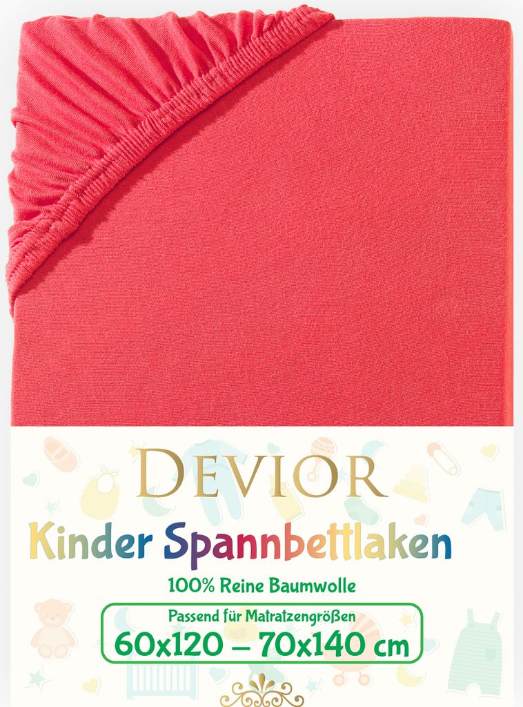 Devior Jersey Kinder Spannbettlaken 60x120 - 70x140 cm rot Bettlaken 100% Baumwolle bis 12cm Matratzenhöhe Gummizug