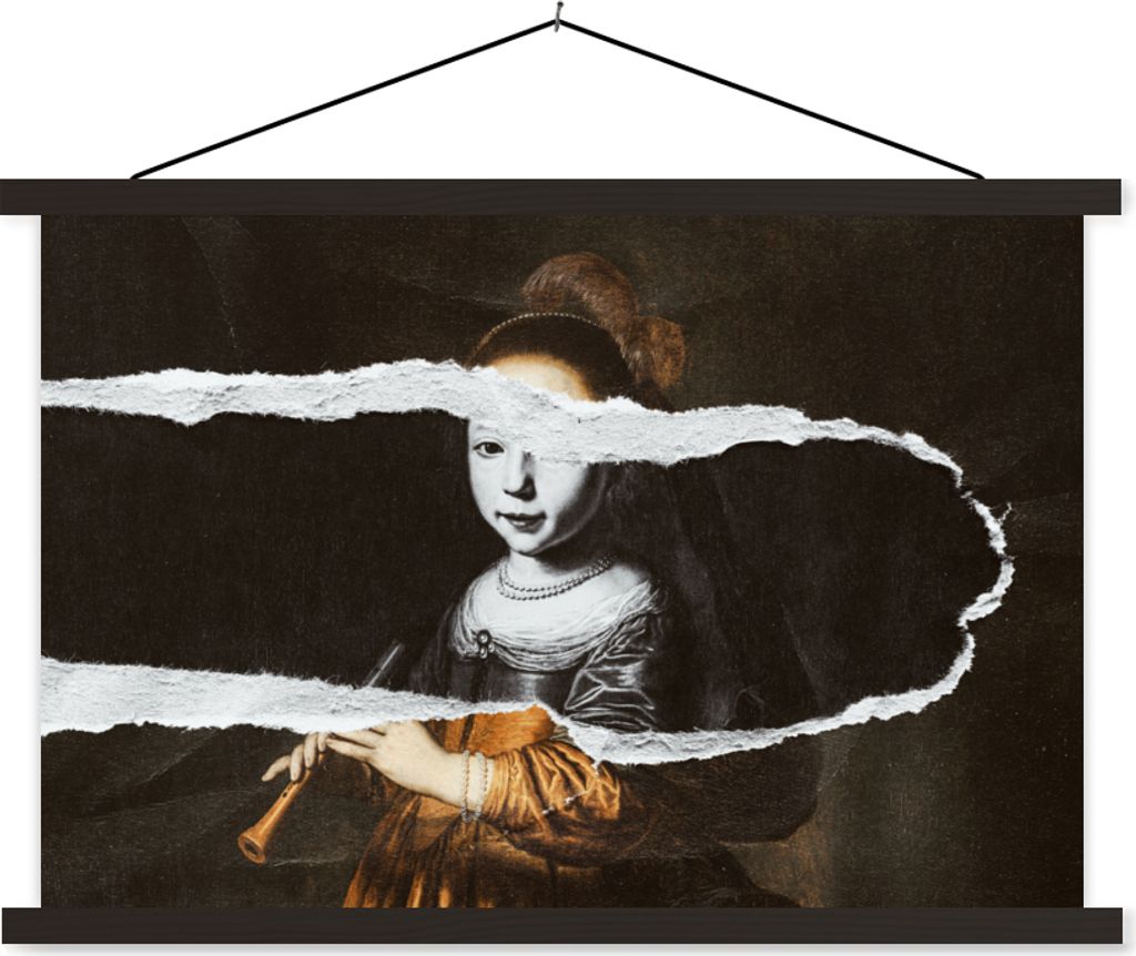 MuchoWow Textilposter Elizabeth-Spiegel - Schwarz - Weiß 120x80 cm mit schwarzem Rahmen - Wanddeko