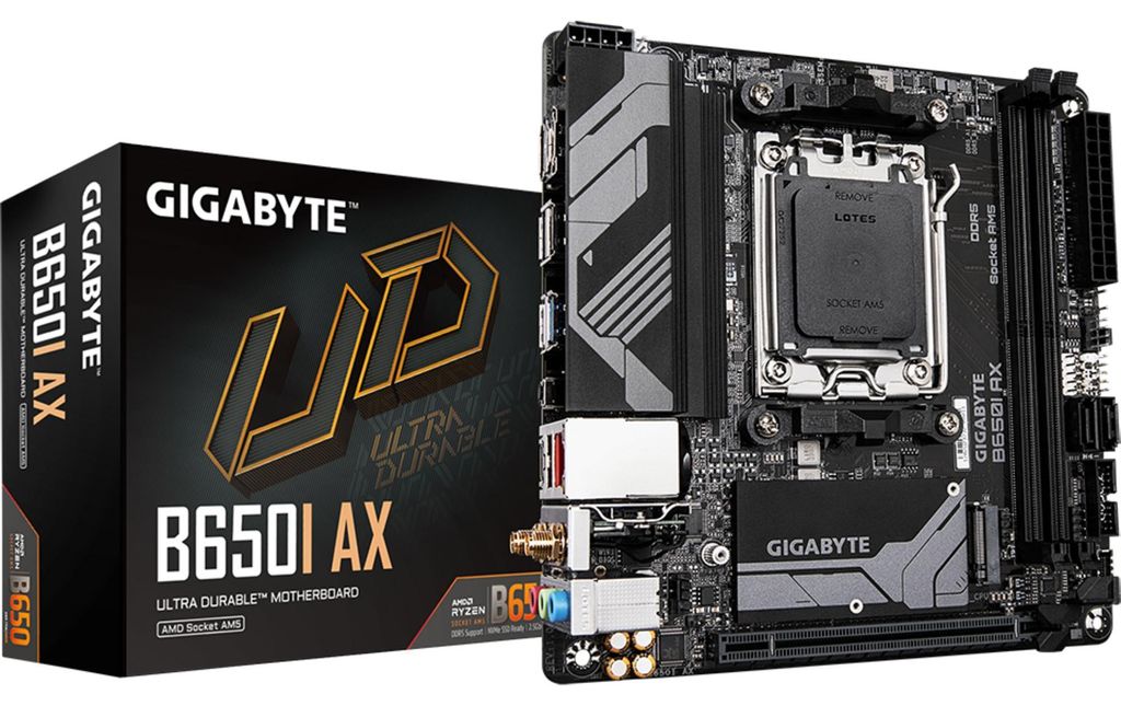 GIGABYTE B650I AX Mainboard - AMD Ryzen 9000er-Serie, 5+2+1 Phasen VRM, bis zu 6400 MHz DDR5 (OC), 1xPCIe 4.0 M.2, 2,5 GbE LAN, WIFI 6E, USB 3.2 Gen 2