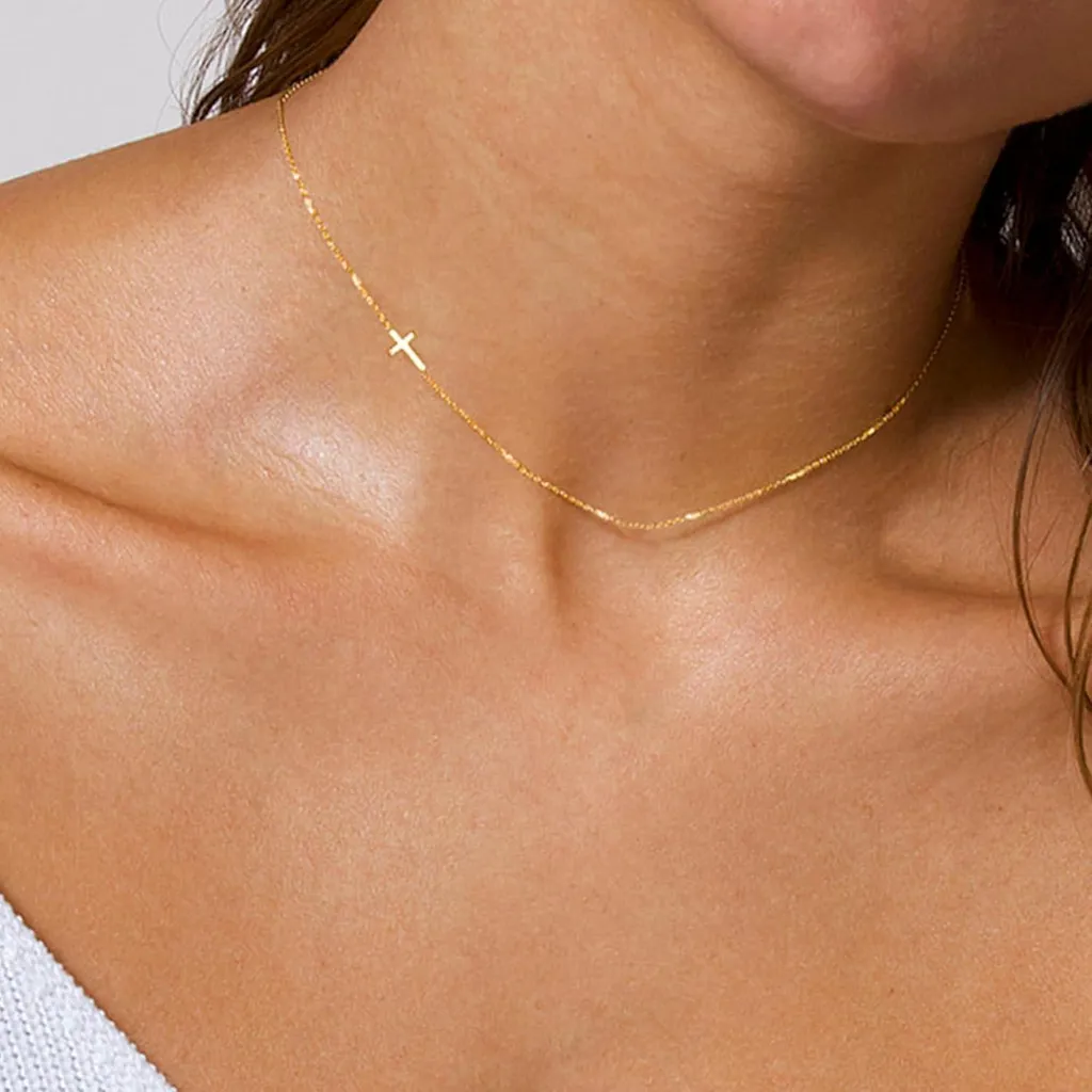 TINGN Collana Donna Con Ciondolo Croce Piccola – Placcata Oro 14k, Minimal, Ipoallergenica, 40+5 Cm