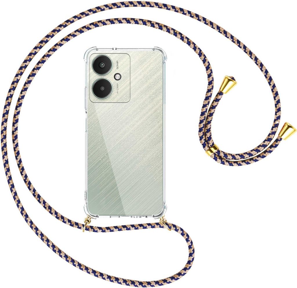 Handykette Backcover-Schutzhülle mit Band (Metall goldfarben) für Xiaomi Redmi 13C 5G, Poco M6 5G - blau+beige