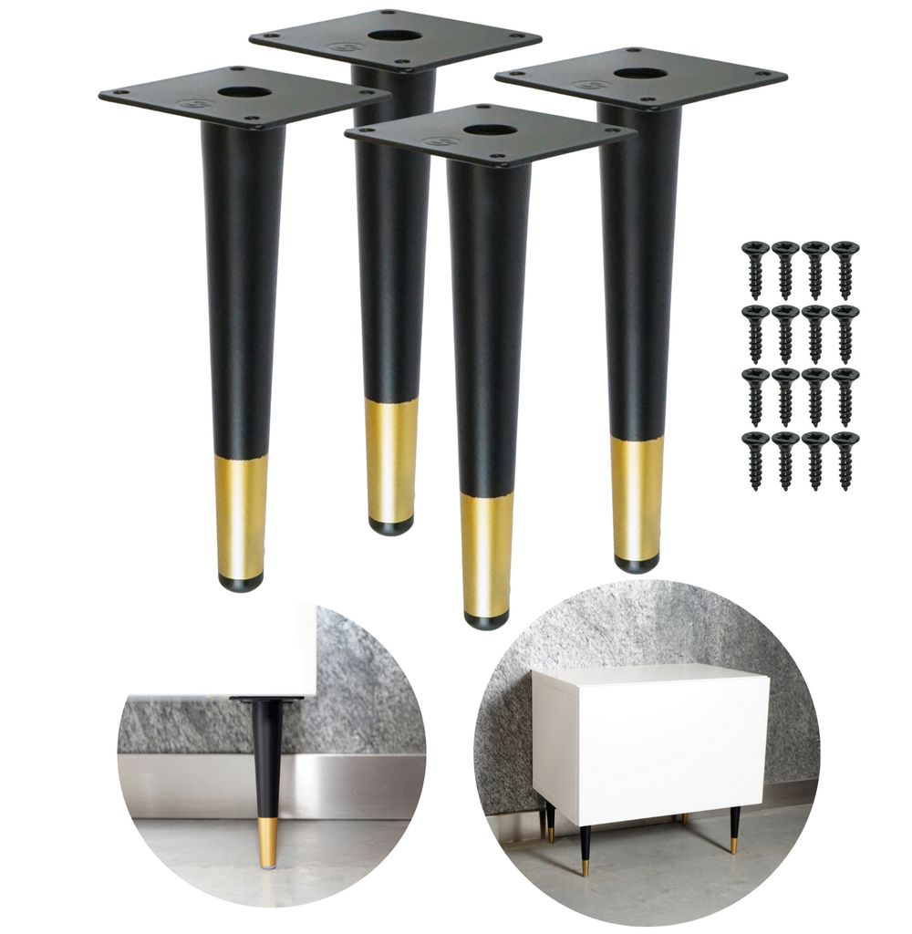 Stahl Möbelbein konisch 20 cm, mit Montageplatte und Schrauben, schwarz + Messing, 4 Stück