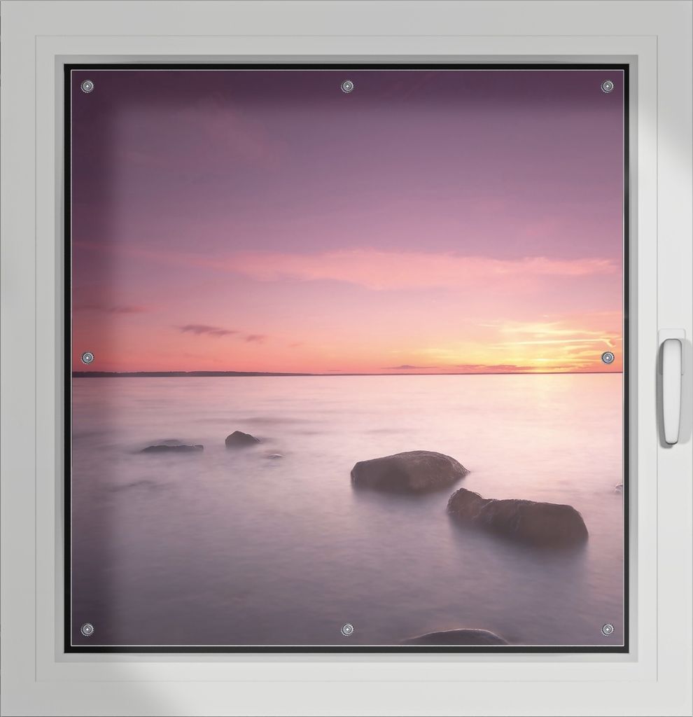 Wallario Lichtschutzbild, Dekorativer Sichtschutz Sonnenschutz 96 x 93 cm mit Motiv: Nebel am See bei Sonnenuntergang - Verdunklung ohne Bohren