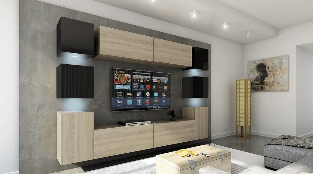 Furnitech Wohnwand Wohnzimmer - Wohnzimmer Möbel mit LED RGB - 16 Farben - Hängend Wohnwand Modern - Regale und TV Schrank (Future 14_HGM_BS_10 1...