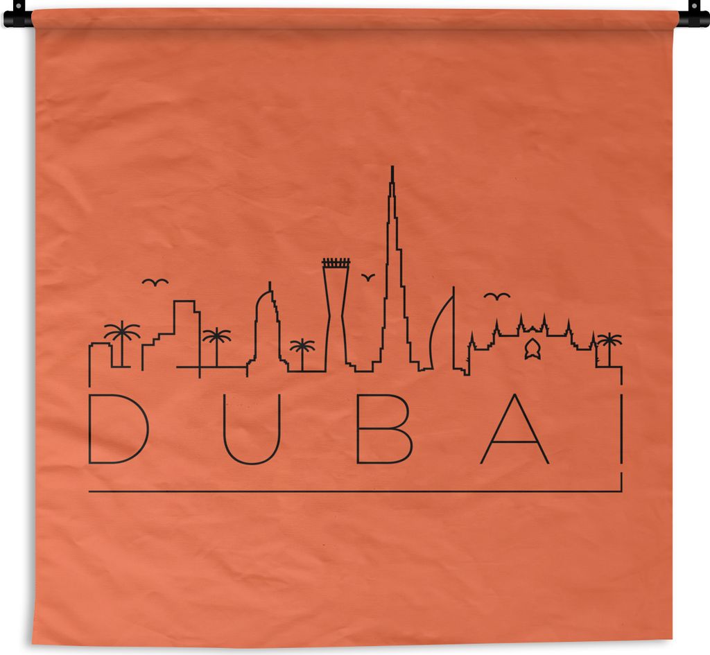 MuchoWow Wandteppich Wandbehang Skyline "Dubai" schwarz auf orange 150x150 cm Tapisserie Dekoration Wandtuch - Wohnaccessoires - Modernes