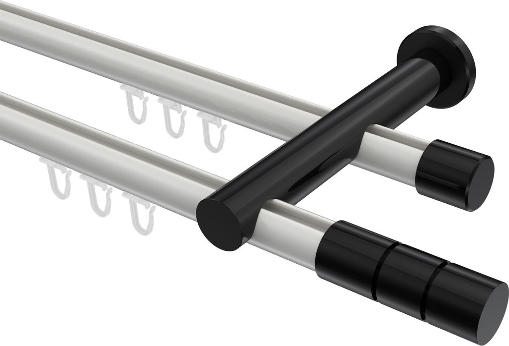 Interdeco Innenlaufstange / Gardinenstange mit Innenlauf Weiß / Schwarz, Typ Platon Elanto (Rillenzylinder), 20 mm Ø 2-läufig, 180 cm
