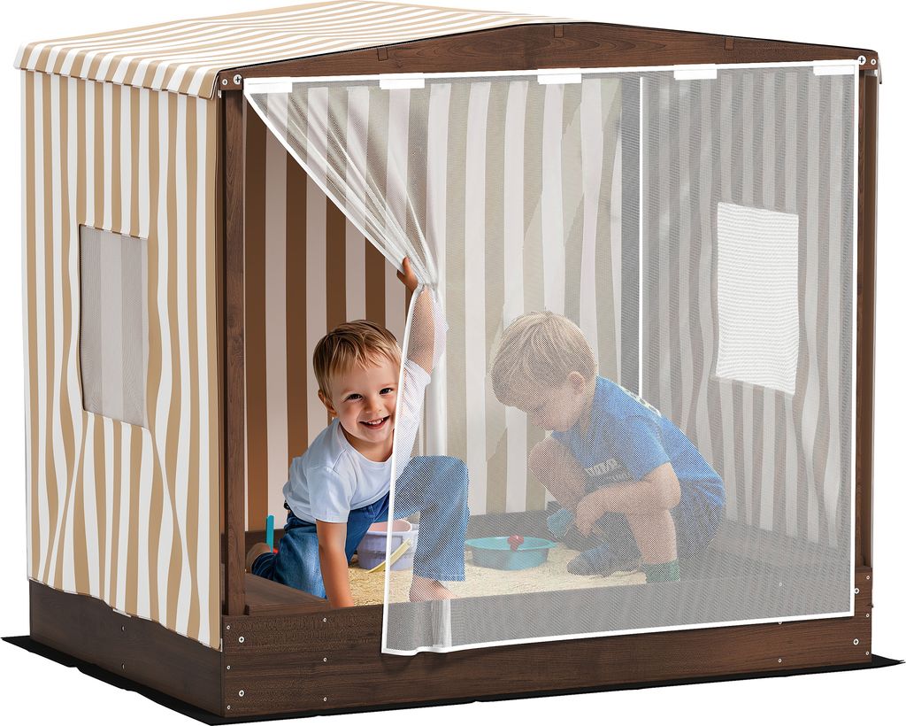 AIYAPLAY Sandkasten mit Vordach und Netztür, 142 x 101,5 cm Sandkiste aus Holz Sandbox mit Sitzbank, Stauraum, Bodenschutz, für 4 Kinder 3-6 Jahr...