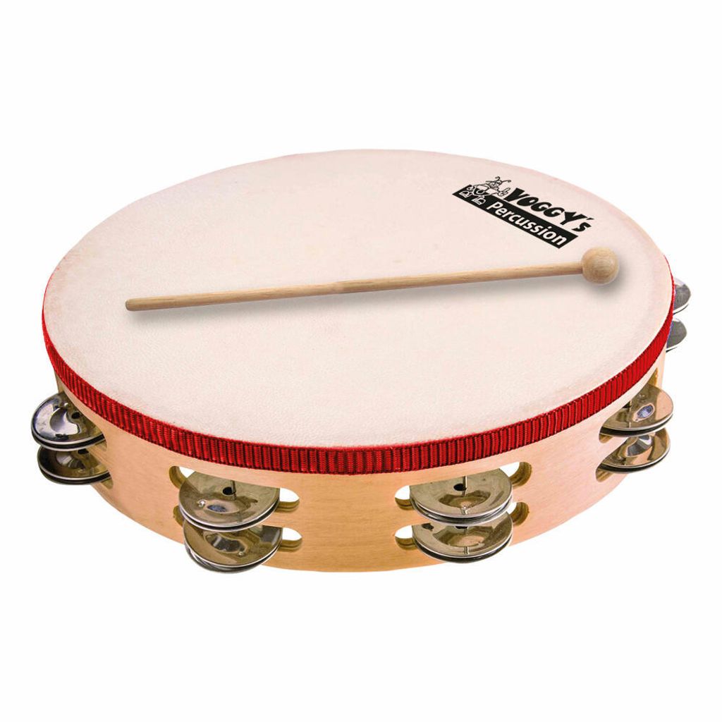 A tambourine with a wooden frame, a white drumhead, and metal jingles, with a wooden beater resting on top.