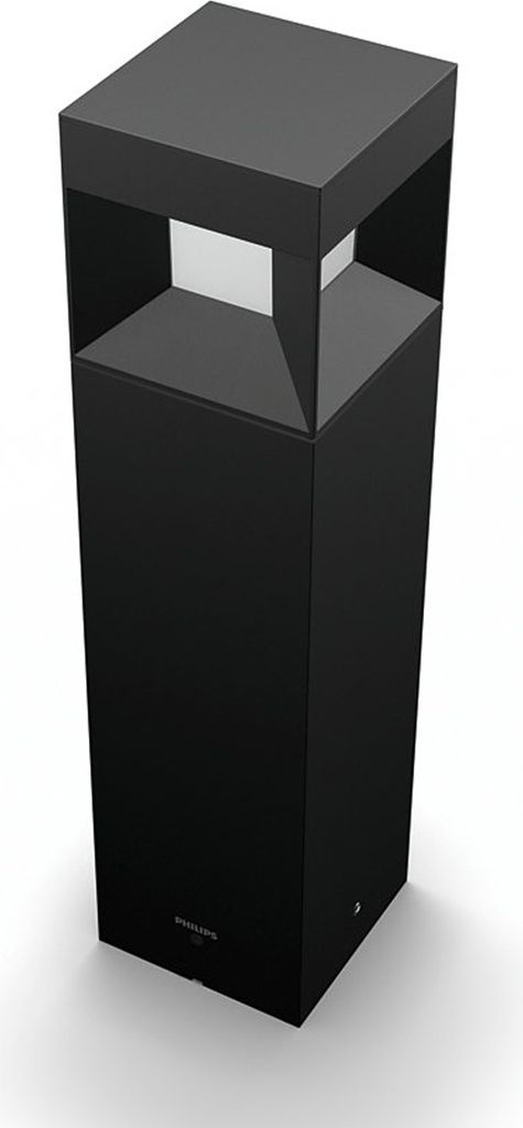 A black, modern-looking outdoor lamp.