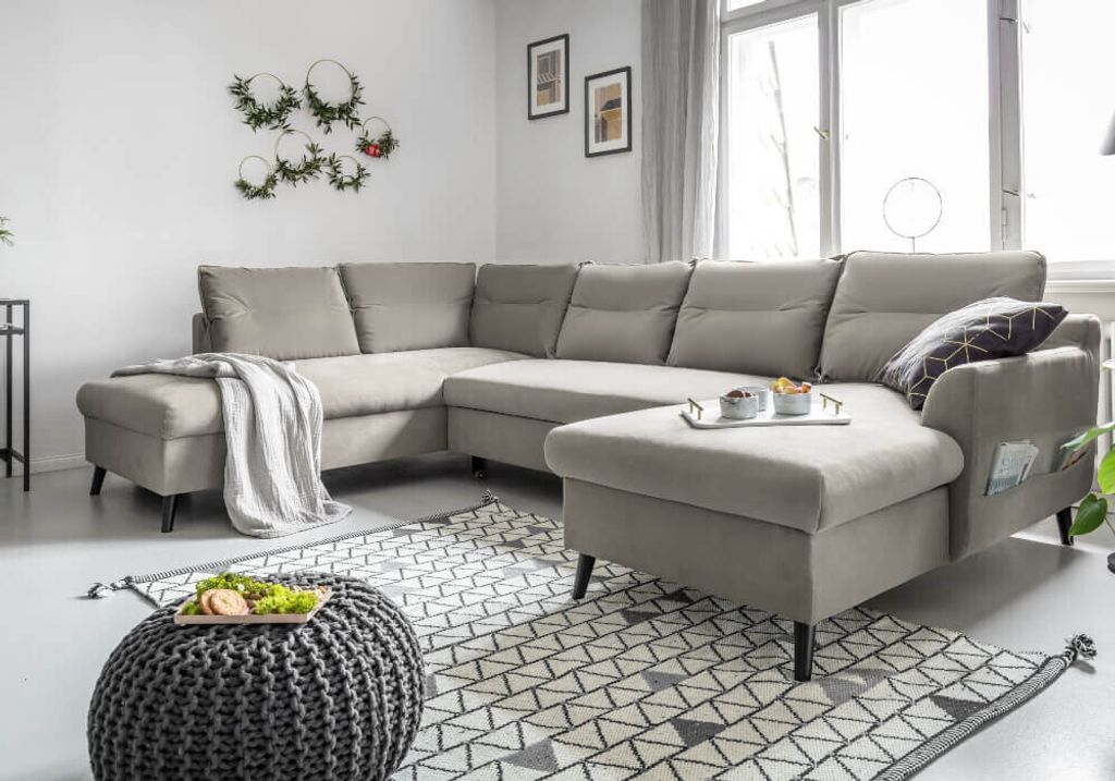 MIUFORM Stylish Stan - Ecksofa mit Bettfunktion und Bettkasten U-FORM LINKS - 300x198cm - Velours Beige - Sofa Schlafsofa Couch
