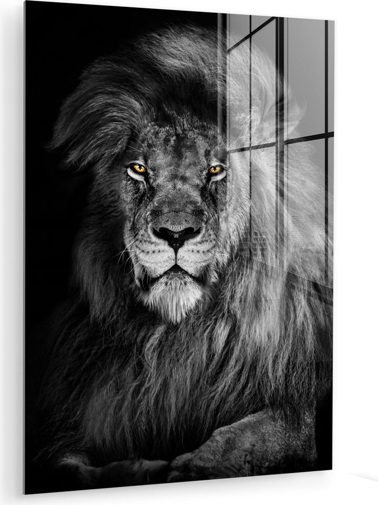 MuchoWow Glasbilder - Bilder auf Wandbild - Foto auf Glas Löwe - Augen - Orange - Schwarz und weiß - Tiere - Porträt 30x40 cm Wanddekoration aus...
