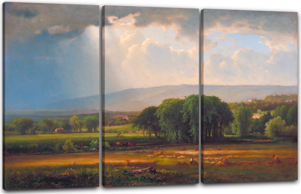 Leinwandbild 3-teilig (120x80cm): George Inness - Harvest Scene in the Delaware Valley, echter Holz-Keilrahmen inkl. Aufhänger, handgefertigt in D...